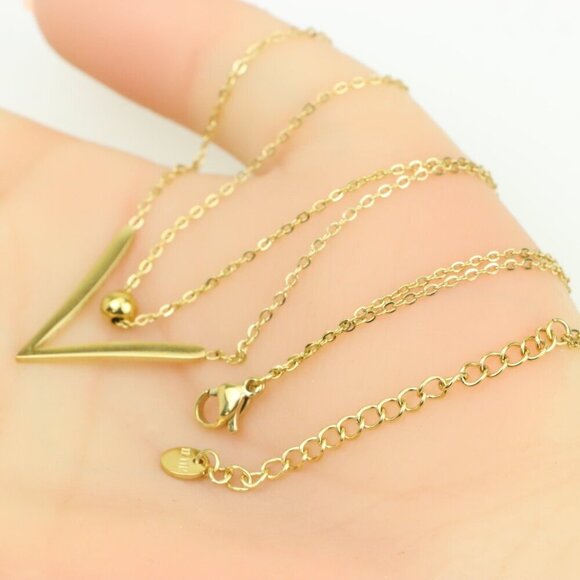 Layered Yellow Necklace with V-Shaped Pendant and Gold Bead, XPNL0370 - Picture 3 of 13